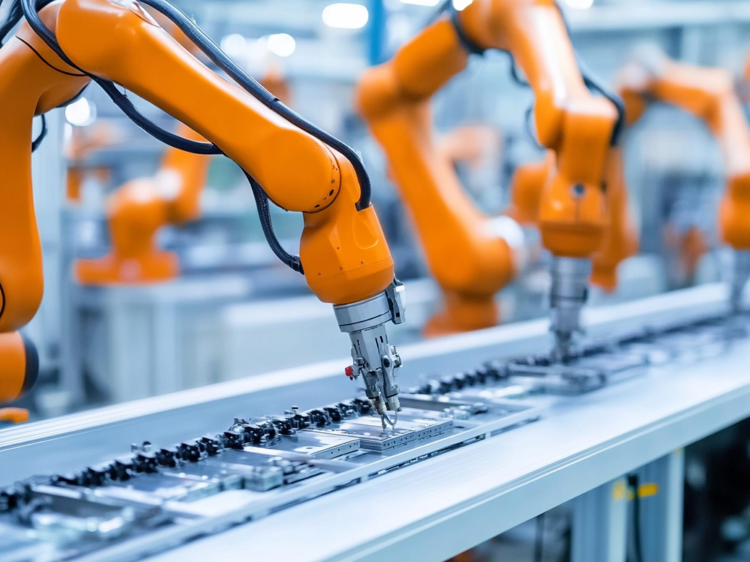 Robotic Arms at Automated Production Line at Bright Modern